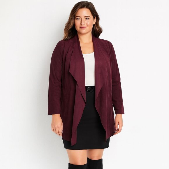 Chicos Womens Faux Suede Burgundy Raw Edge Jacket Merlot Stretch Size 2 | L | 12 - Picture 1 of 14